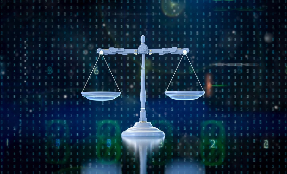 Digital law concept with 3D rendering law scale