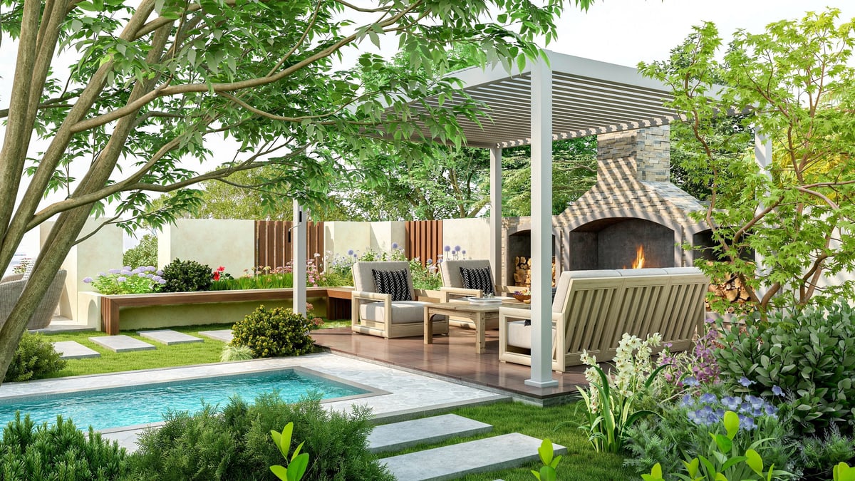 Modern luxury pergola backyard garden with outdoor seating and small swimming pool