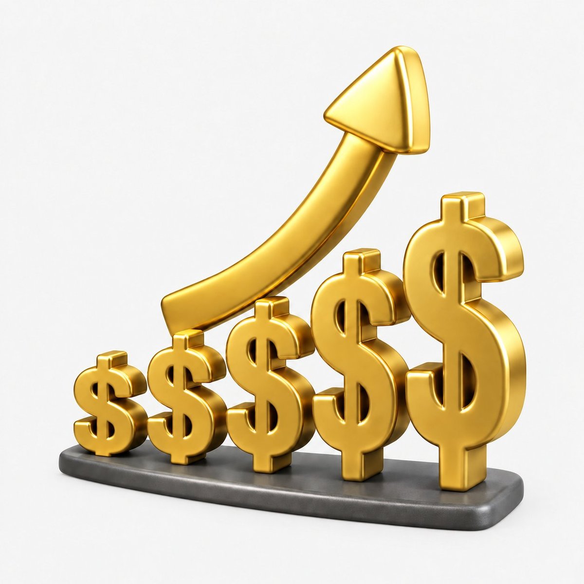 Golden dollar signs increasing in size with upward arrow, representing financial growth and profit