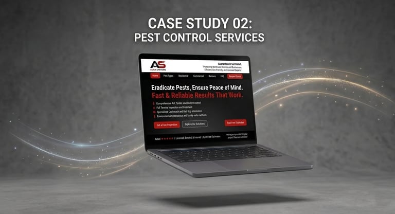 Laptop displaying pest control services website with case study 02, featuring dark design and red accents on gray background with light waves