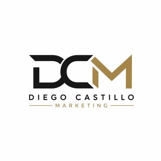 Diego Castillo Marketing logo featuring stylized initials DCM in black and gold with company name and text