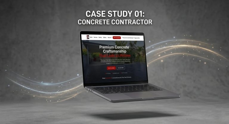Laptop displaying concrete contractor website with premium craftsmanship messaging and glowing light effects on gray background