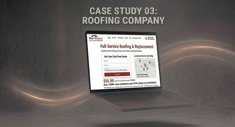 Case Study 03 showing a roofing company website displayed on a laptop screen with promotional content for full-service roofing and replacement services
